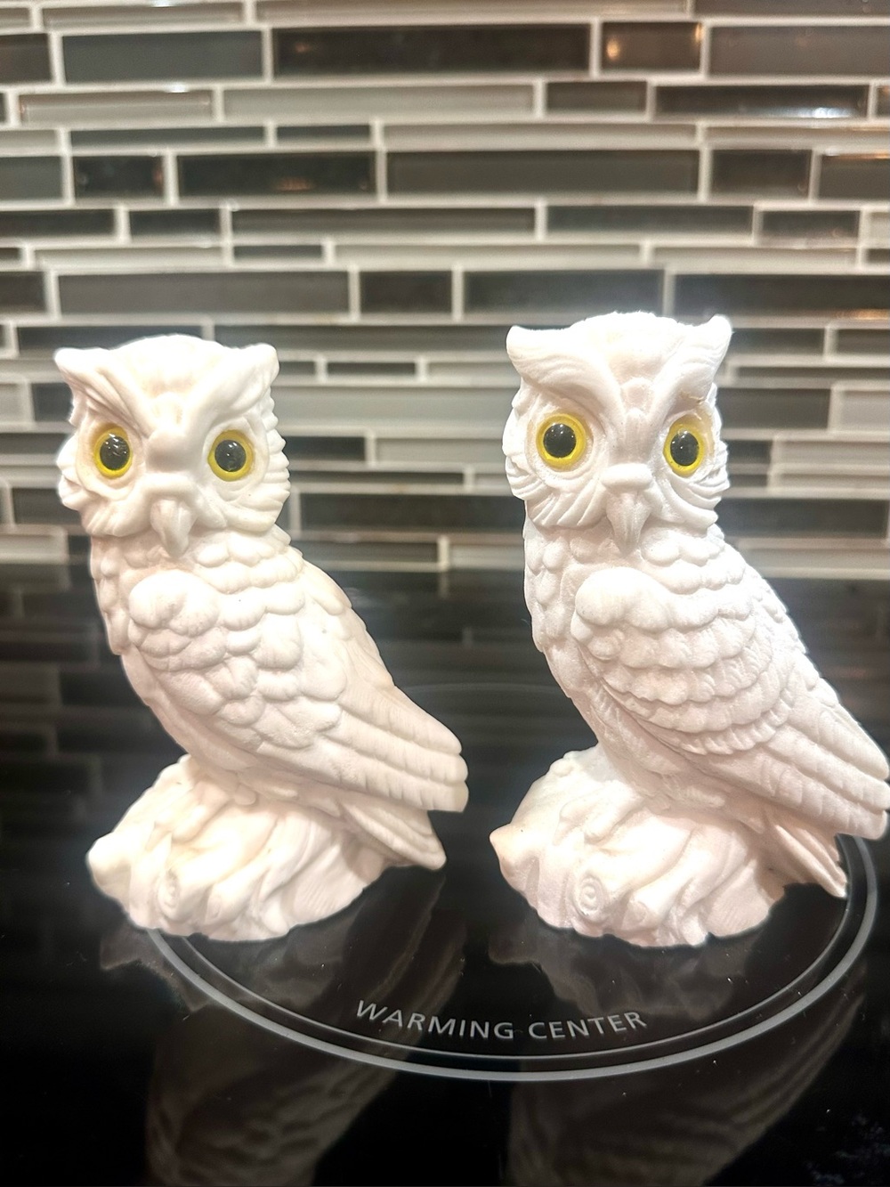 VTG  Italian White Alabaster Salt Stone  Pair of Owl Statues W/Yellow Glass Eyes